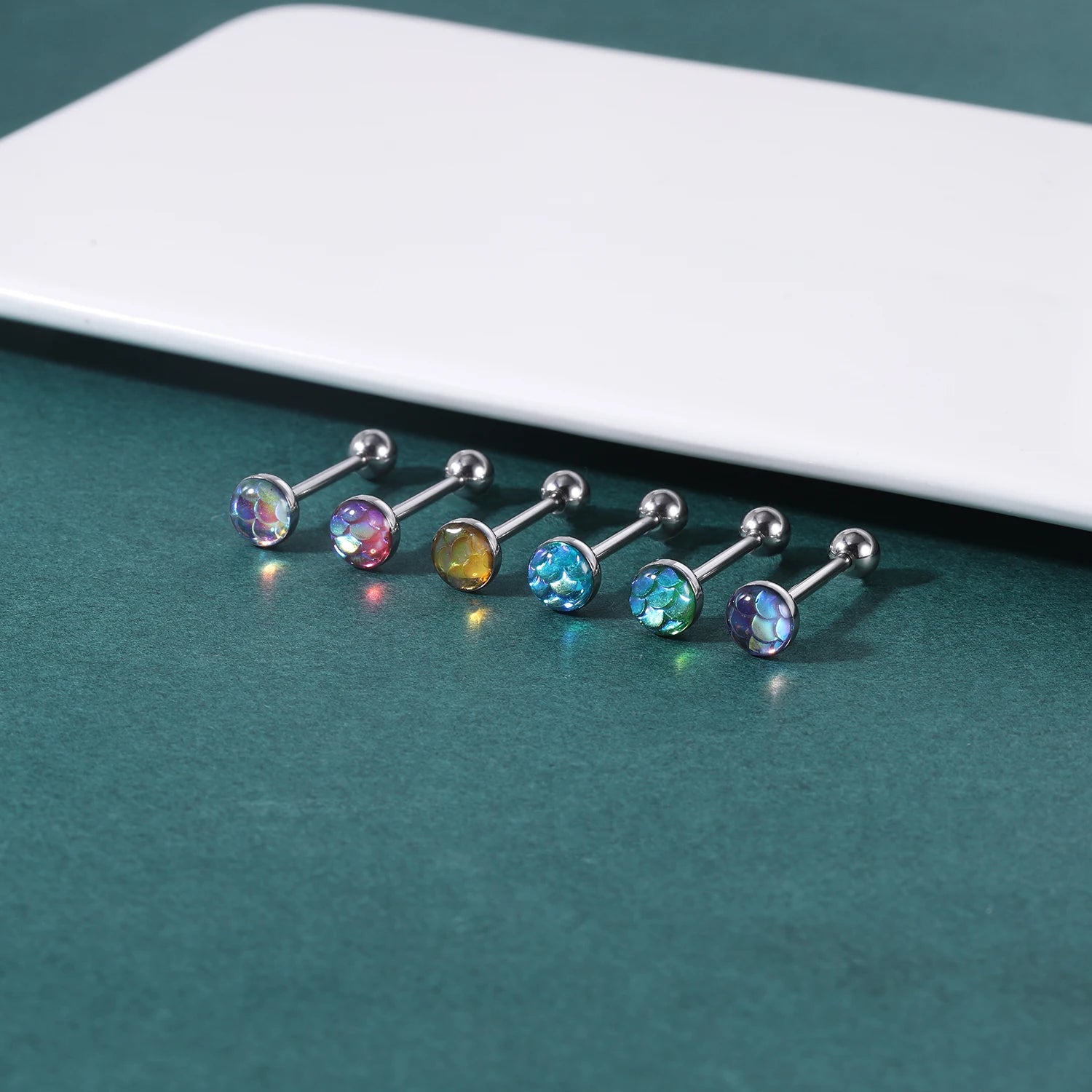 ZS 1Piece 14G Oil Luminescence Tongue Piercing Rings Stainless Steel Tongue Stud Skull Star Studs Earrings BCR Piercings Jewelry Good Vibrations Adult Super Store