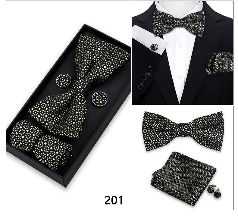 Bowtie For Men Set Gift Box Business Gift Fashion Bow Tie Pocket Square Cufflinks Set Bowtie 3pcs For Wedding Hanky Cravata Neck Good Vibrations