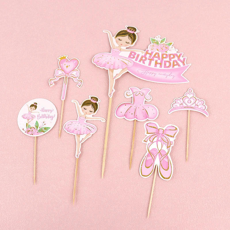 Pink Ballerina Girl Cake Topper Toppers Crown Dress Kids Happy Birthday Wedding Party Baby Shower Baking Cake Dessert DIY Decor Good Vibrations