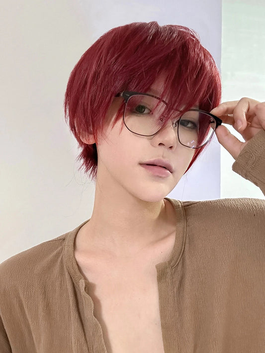 8Inch Wine Red Color Handsome Synthetic Wigs With Bang Short Straight Hair Wig For Man or Women Daily Use Cosplay Heat Resistant Good Vibrations