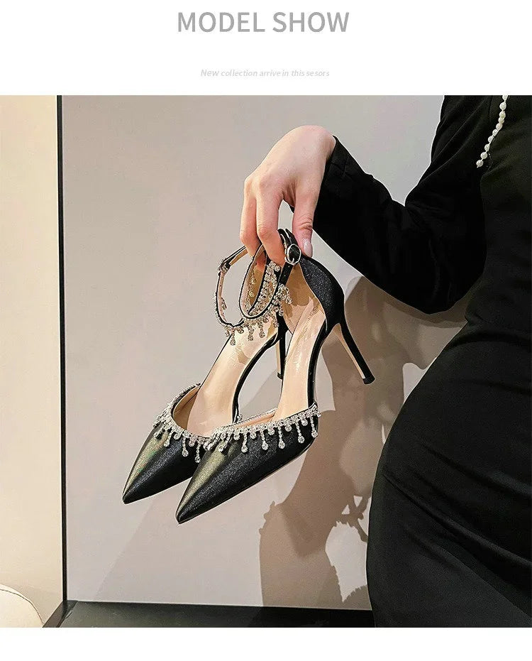 Comemore 2025 White Wedding Bridesmaid Shoes Satin Fashion Rhinestone Fringe Chain High Heels Black Temperament Elegance Pumps Good Vibrations