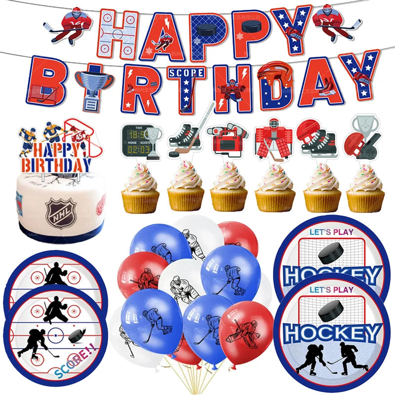 Hockey Themed Birthday Party Decorations Balloons Set Happy Birthday Banner Cake Topper Sports Theme ice hockey Party Supplies Good Vibrations