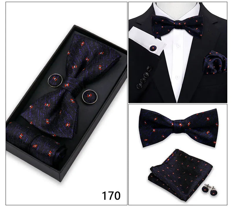 Bowtie For Men Set Gift Box Business Gift Fashion Bow Tie Pocket Square Cufflinks Set Bowtie 3pcs For Wedding Hanky Cravata Neck