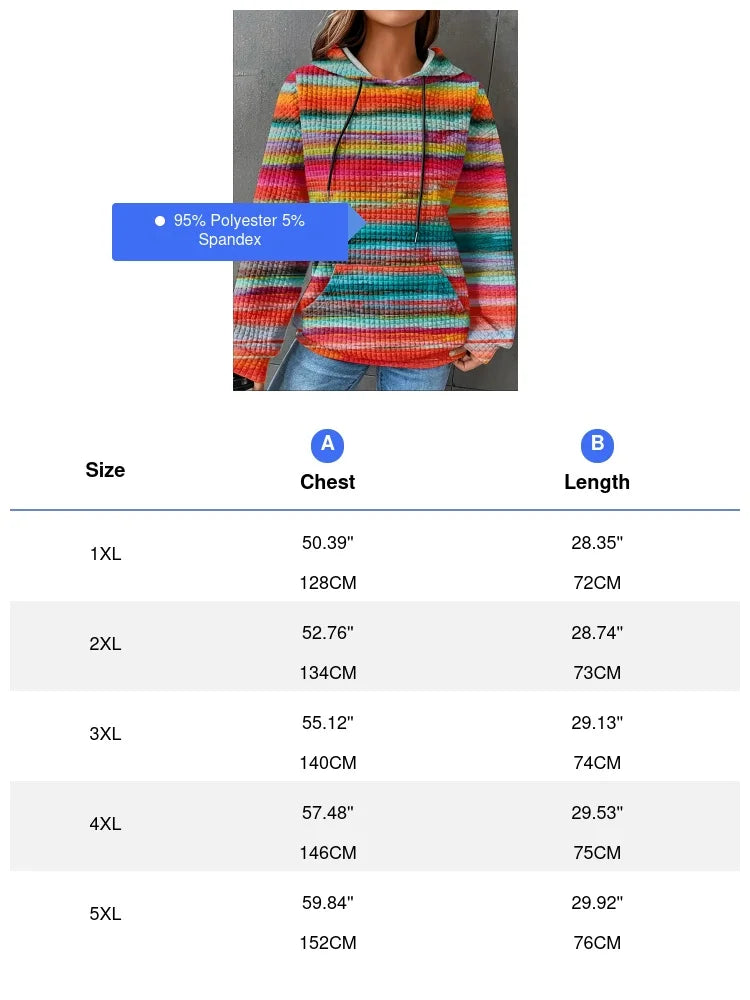 Women's Plus Size Striped Waffle Drawstring Hoodie Casual Long Sleeve Kangaroo Pocket Hooded Sweatshirt For Fall&Winter Clothing Good Vibrations