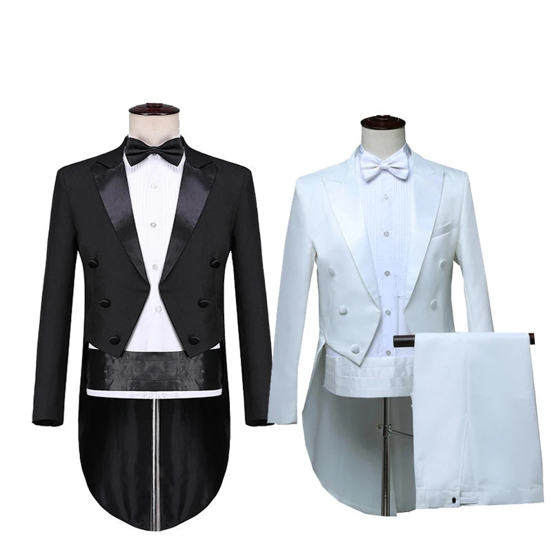 Mens Tuxedo Tailcoat Formal Dress Suits Swallow Tail Coat Navy Blue Male Jacket and Pants Party Wedding Dance Magic Performance Good Vibrations