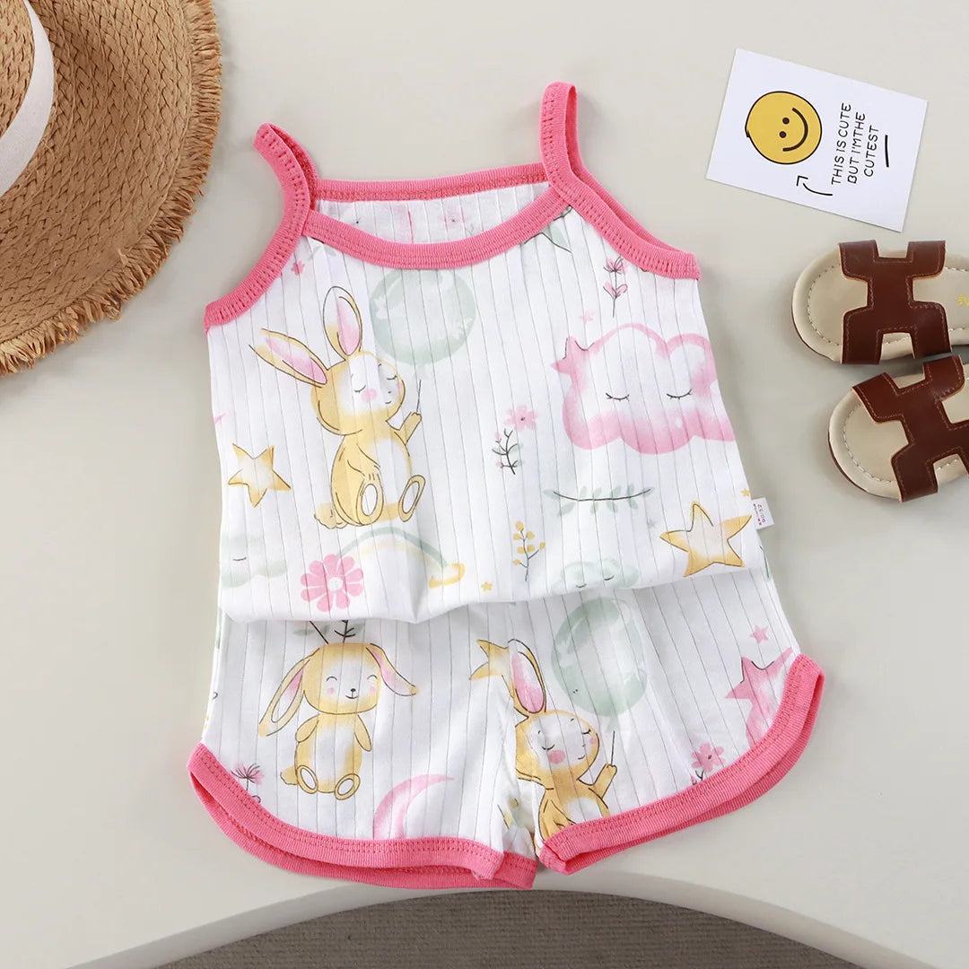 Girls Summer Clothes Sets New Baby Sleeveless Tops Shorts 2 Pieces Suit Girls Square Collar Clothing Set Kids Cotton Clothes Good Vibrations