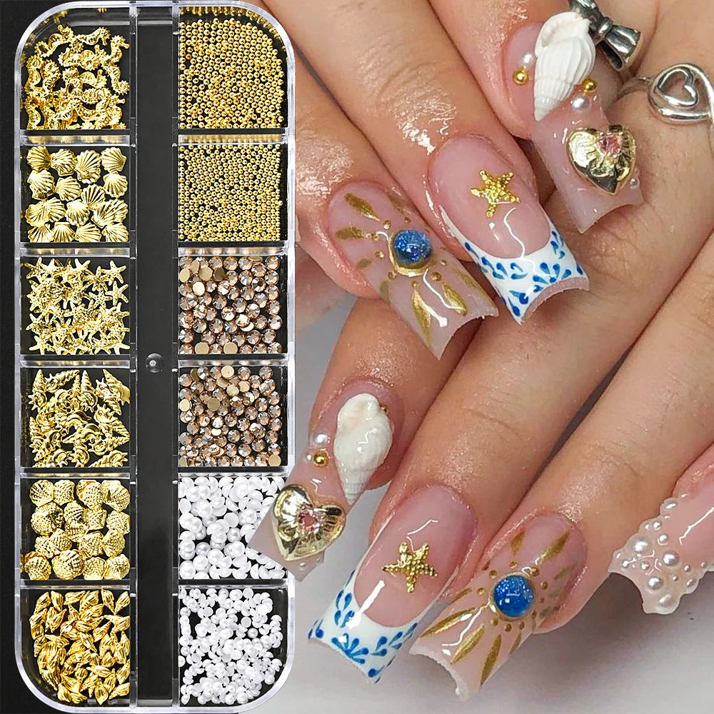 12Grid 3D Gold Ocean Rivet Nail Charms Mixed Seahorsea/Starfish /Conch Pearl/Mini Caviar Beads/Rhinestone Nail Jewery Decoration Good Vibrations