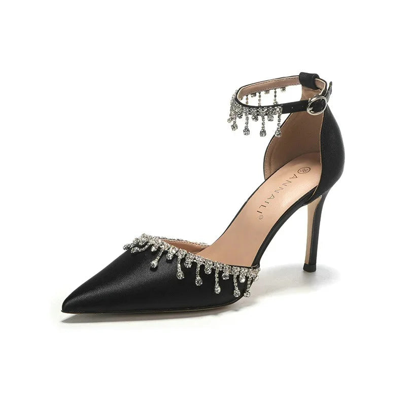 Comemore 2025 White Wedding Bridesmaid Shoes Satin Fashion Rhinestone Fringe Chain High Heels Black Temperament Elegance Pumps Good Vibrations