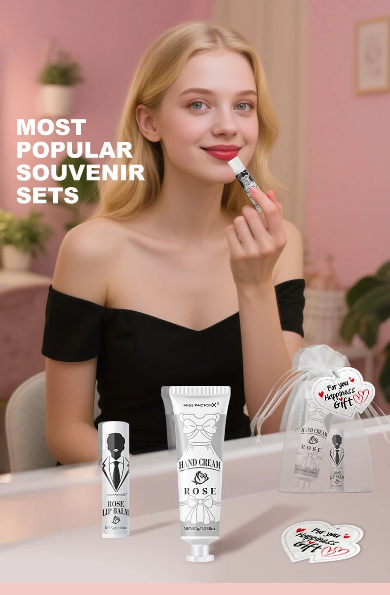 20 sets of wedding dress and suit theme gifts include hand cream, lipstick, white drawstring bag and wedding love greeting card