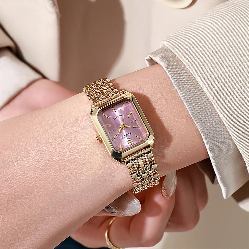 Luxury Ladies Fashion Quartz Watch Simple Scale Square Quality Gold Plated Women Watches Business Stainless Steel Folding Clock Good Vibrations