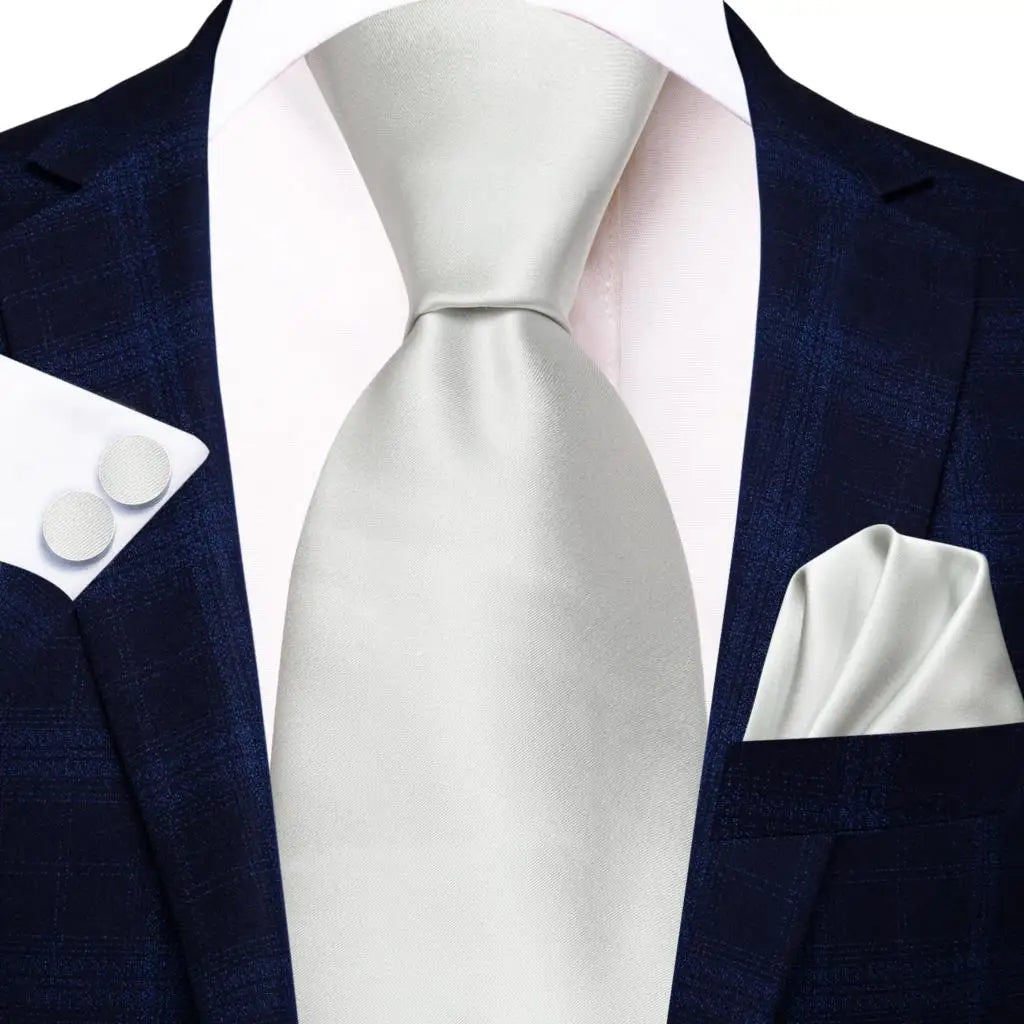 Men's Ties White Sliver Hanky Cufflinks Set Silk Neck ties For Men Wedding Party Business Mens Tie 2022 New Fashion Brand Hi-Tie Good Vibrations