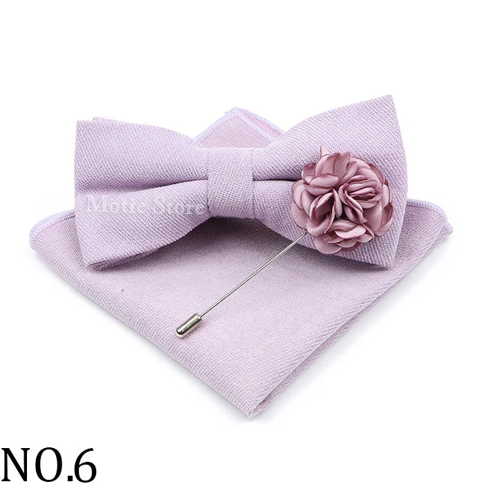 Mens Solid Color Cotton Bowtie Pocket Square Brooch Sets Pink Blue Super Soft Suede Bow Tie Handkerchief For Wedding Party Gift Good Vibrations