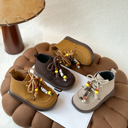 High Top Casual Shoes for Girls 2025 New Autumn Toddler Walking Shoes with Cute Ornament Soft Sole Simple Retro Kid School Flats Good Vibrations