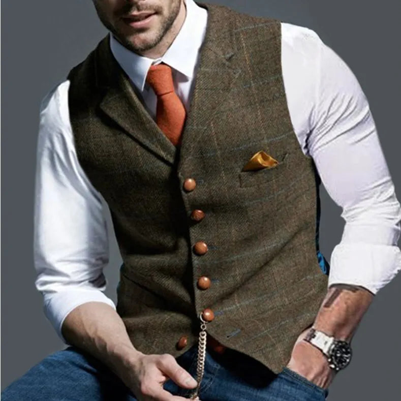 2025 Men's Formal Vests Lapel Tweed Plaid V-neck Waistcoat Slim Vest Business Formal Dress Suit Casual Wedding Tuxedo Male Vest Good Vibrations