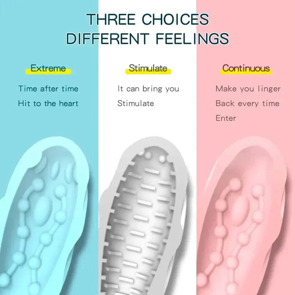 Three textured options for Male Masturbator Cup, offering varied sensations and experiences.