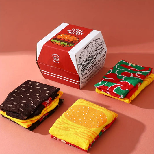 Two pairs of colorful burgers patterns men and women on the eve of Halloween Give Friends Socks Four Seasons Autumn and Winter Good Vibrations