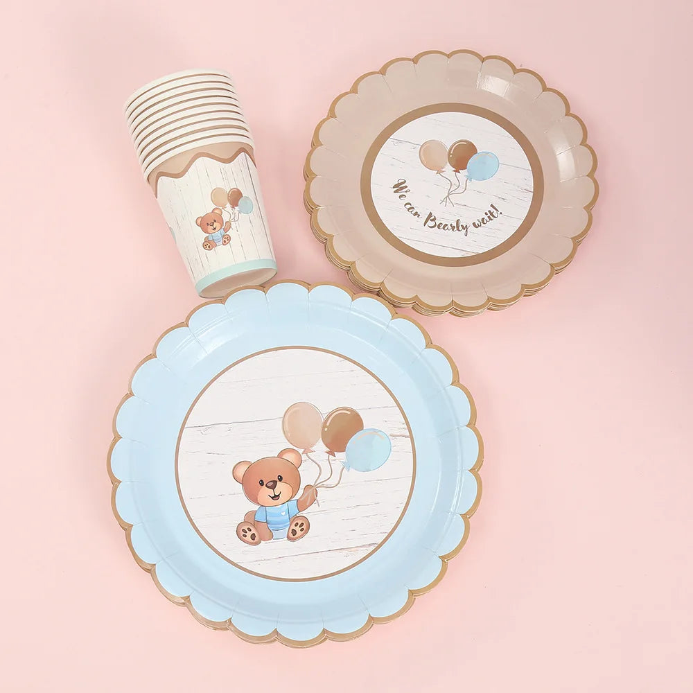 Baby shower Teddy Bear Birthday Party Plates Cup Tableware Kids 1st Birthday Party Decor Teddy Bear Balloon Birthday Party decor