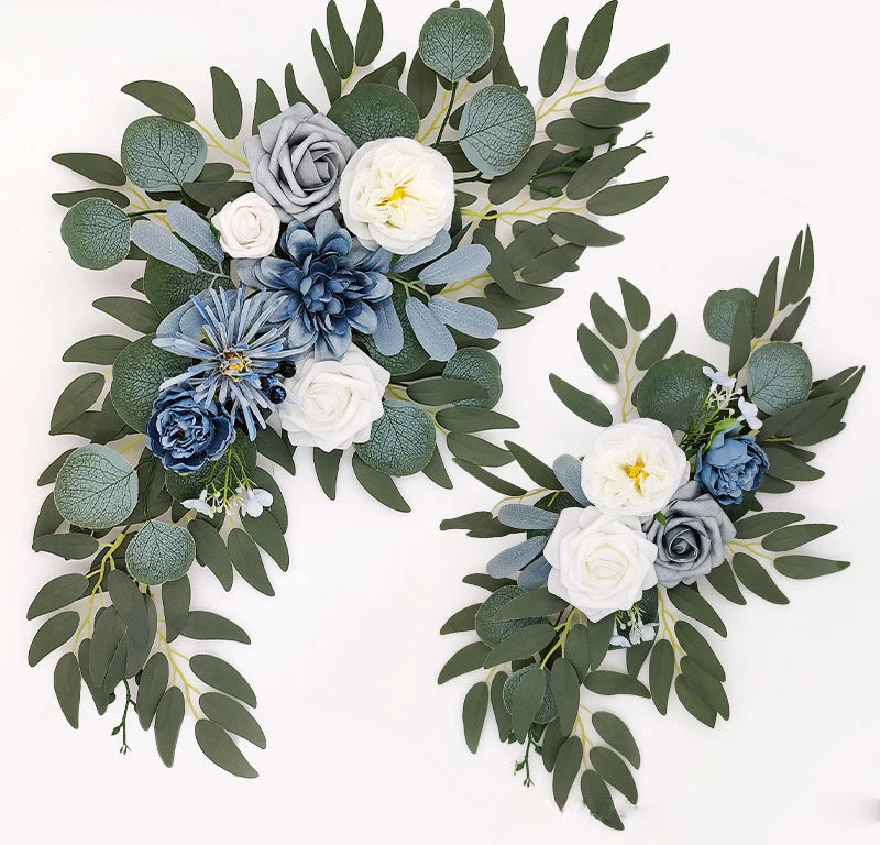 Yannew Artificial Wedding Arch Flowers Kit Boho Dusty Rose Blue Eucalyptus Garland Drapes for Wedding Decorations Welcome Sign Good Vibrations