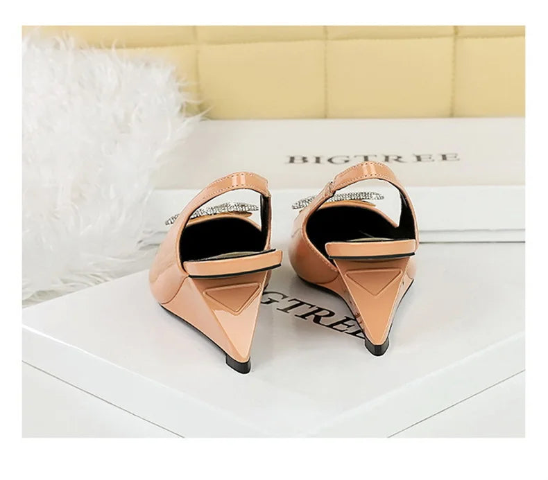 Wedges Women Shoes High Heel Shallow Pointed Toe Hollow Back Straps Patent Leather Triangle Metal Crystal Buckle Pumps Good Vibrations
