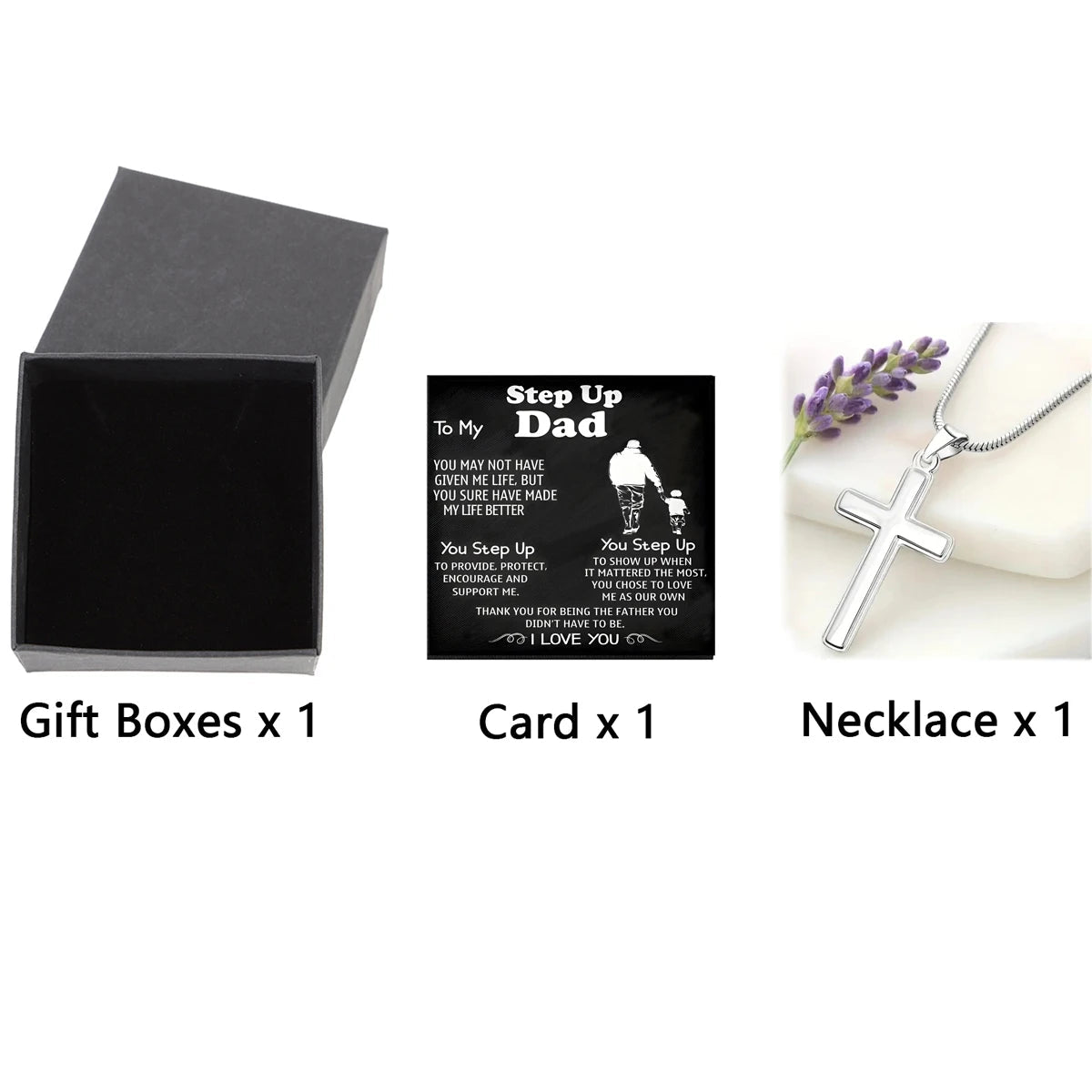 Card And Gift Box Packaging, Stainless Steel Cross Necklace, Fashionable And Versatile Necklace, To My Step Up Dad, Father's Day Good Vibrations