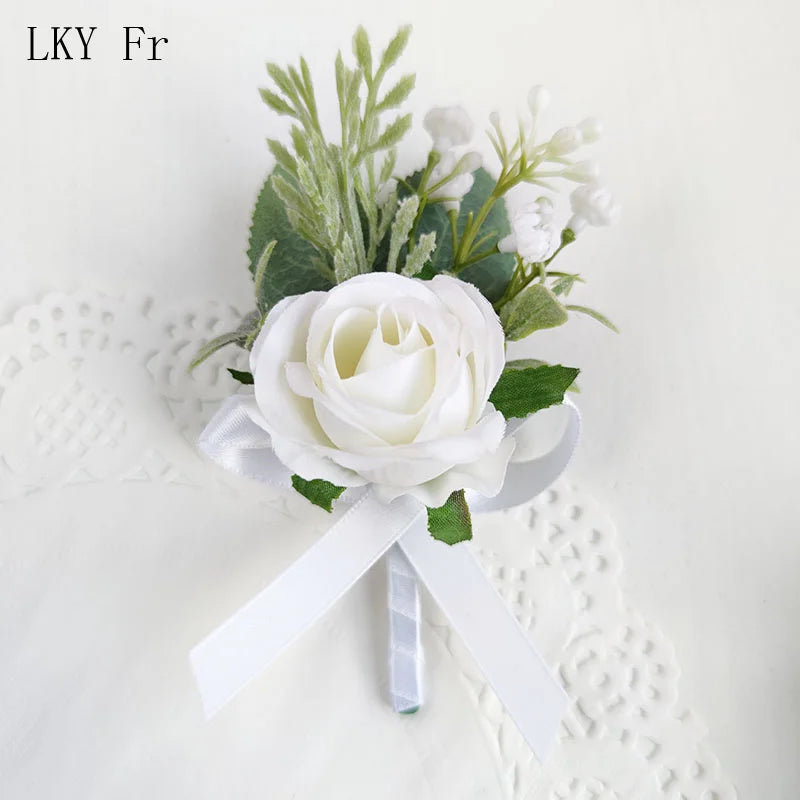 White Boutonniere Wedding Accessories Groom Buttonhole Wrist Corsage Brooch Flowers Artificial Silk Roses Bridesmaids Bracelets Good Vibrations