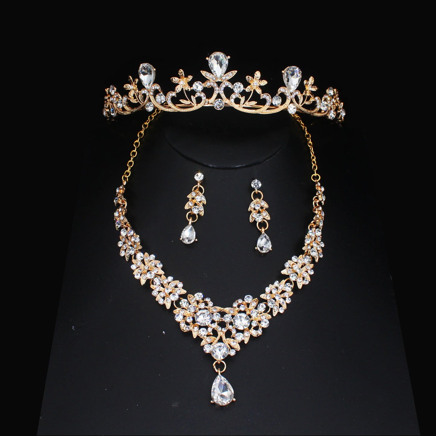 Luxury Crystal Wedding Bridal Jewelry Sets Women/Girl Gold Color Tiara/Crown Earrings Choker Necklace Bride Jewelry Set Good Vibrations Adult Super Store