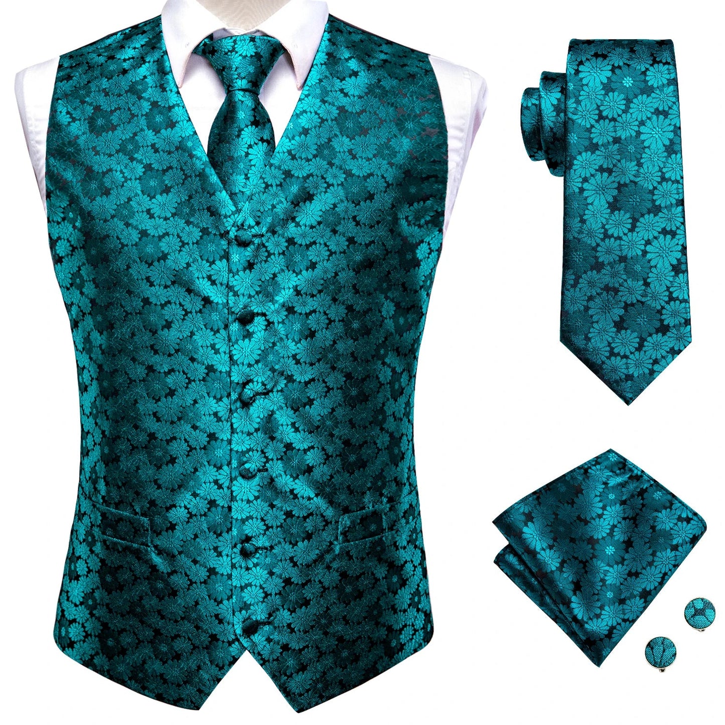 Hi-Tie Black Men Silk Vest Paisley Jacquard Necktie Hankerchief Cufflinks Sets Male Sleeveless V-Neck Waistcoat Business Formal Good Vibrations