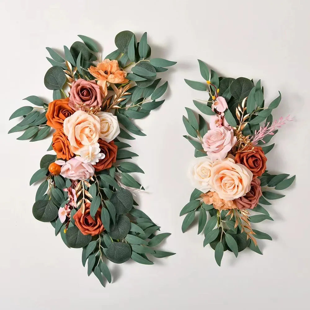 Yannew Artificial Wedding Arch Flowers Kit Boho Dusty Rose Blue Eucalyptus Garland Drapes for Wedding Decorations Welcome Sign Good Vibrations