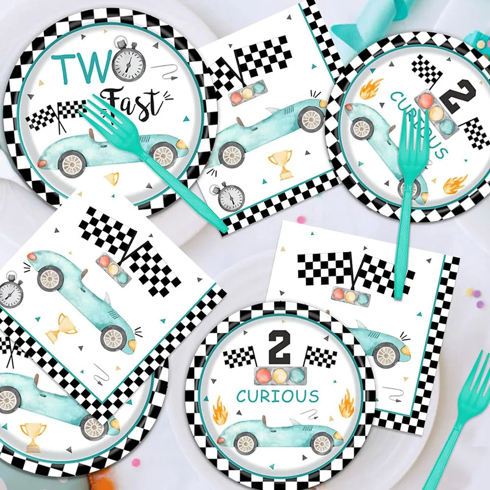 Race Car Party Tableware Plates Napkins Cup Two Fast Birthday Party Supplies Boys Racing Themed Two Years Old Party Decorations Good Vibrations