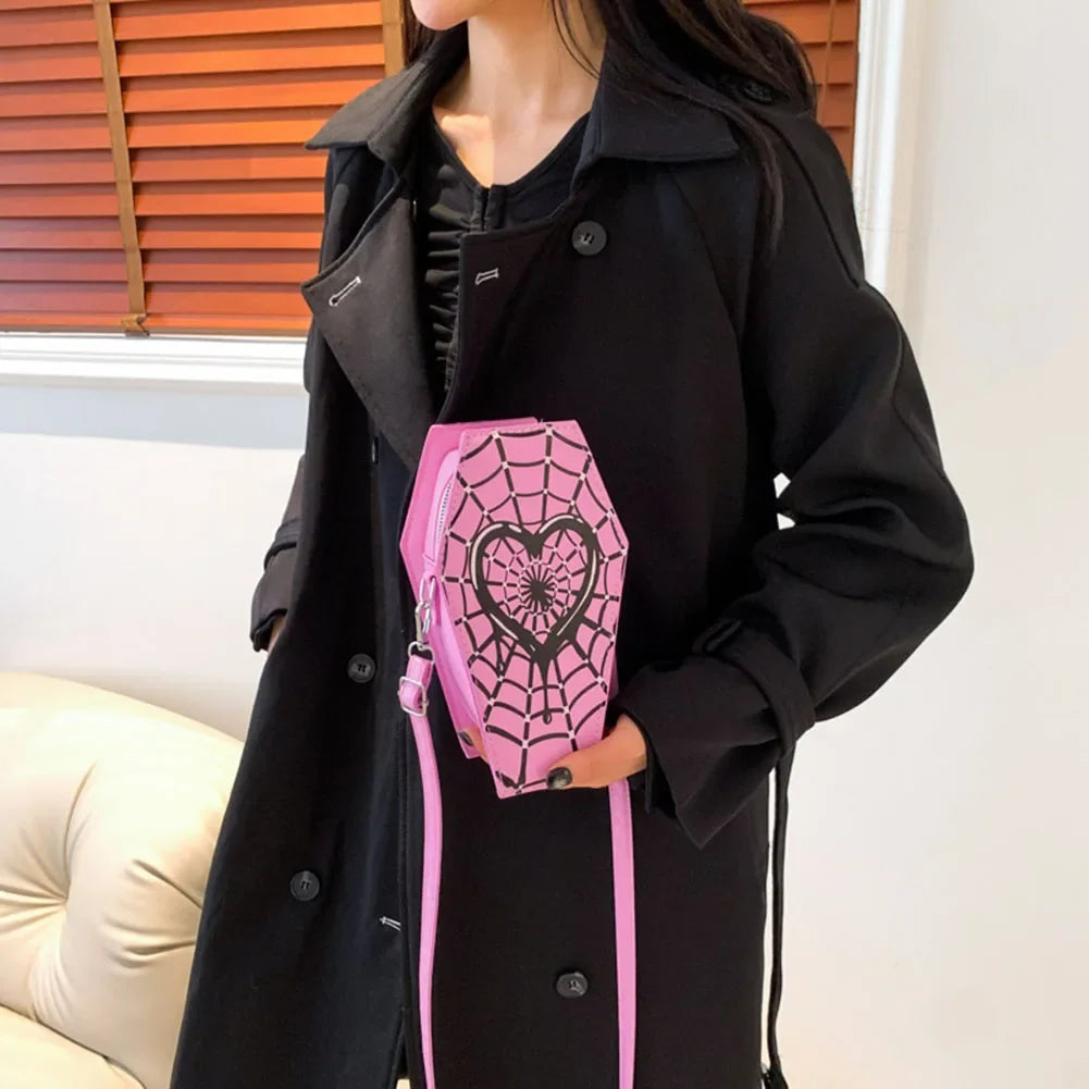 Women Fashion Shoulder Bag Large Capacity Coffin Shaped Casual Satchel Bag Adjustable Strap Spider Web PU Leather Chic Hobo Bag Good Vibrations