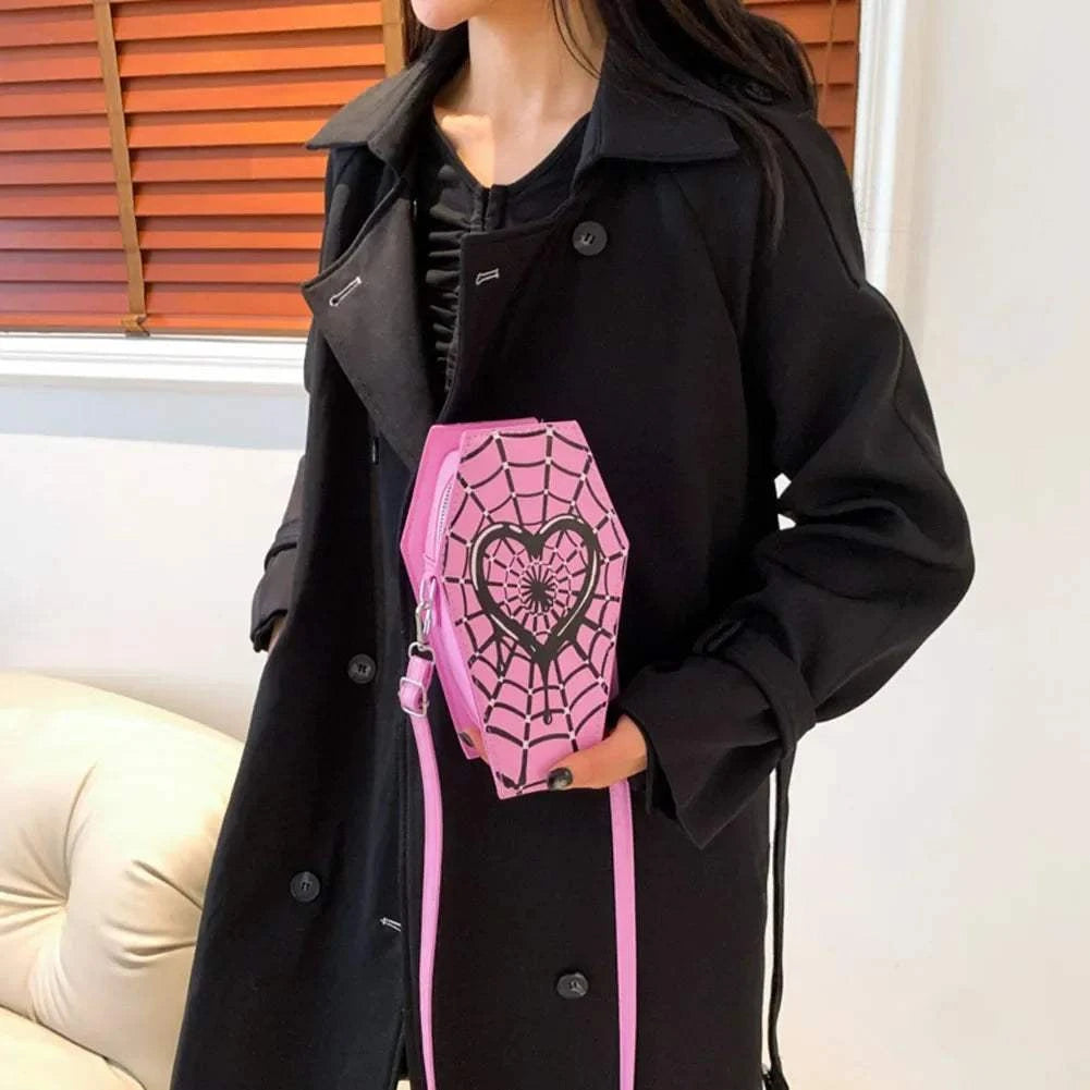 Women Fashion Shoulder Bag Large Capacity Coffin Shaped Casual Satchel Bag Adjustable Strap Spider Web PU Leather Chic Hobo Bag Good Vibrations