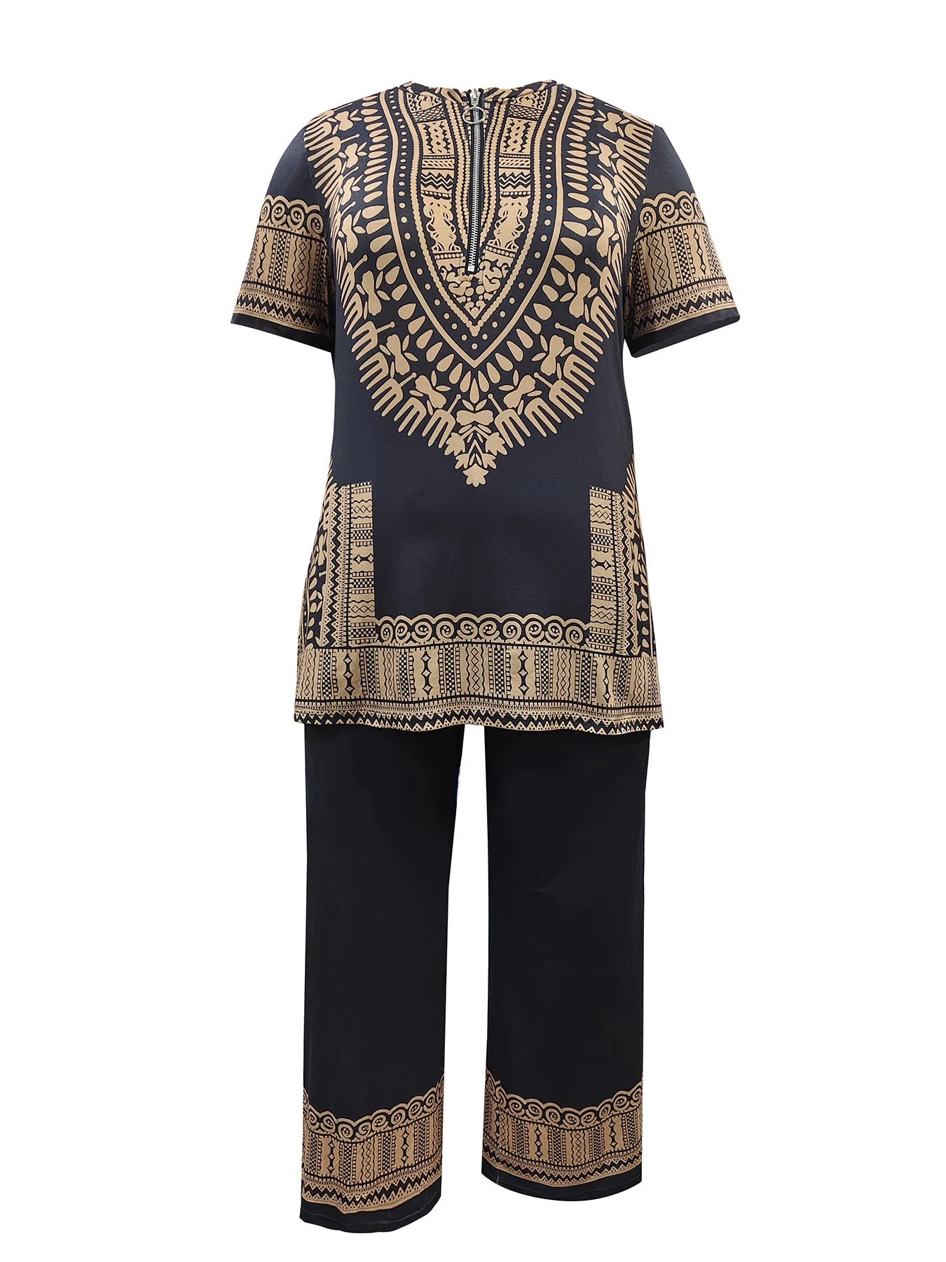 Plus - Size Dope Ethnic - Style Set! Black & Gold Print, Slays & Comfy Good Vibrations