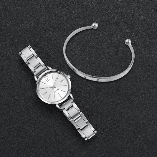 Fashion Women Elagant Watch Casual Simple Steel Strap Quartz Watch Love Bracelet 2PCs Set Temperament Wearing Style Good Vibrations