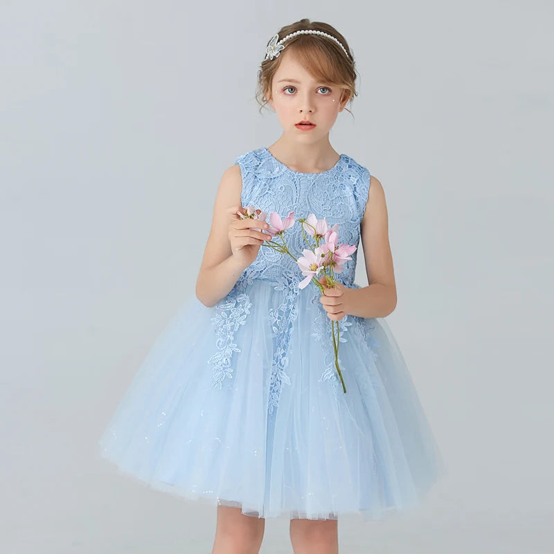 BX8991 White Lace Flower Girl Dress Bows Children's First Communion Dress Girls Sleeveless Princess Dresses Good Vibrations