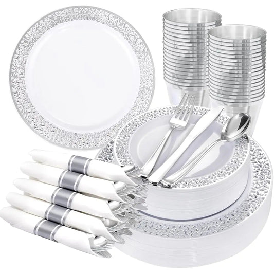 175Pcs Silver Dinnerware Sets, Lude:25 Dinner Plates, 25 Dessert Plates, 25 Paper Napkins, 25 Cups, 75 Silver Silverware Set Good Vibrations