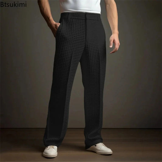 New 2025 Men's Elegant Waffle Suit Pants Solid Loose Straight Trousers Business Social Dress Pants Casual Vacation Pants for Men Good Vibrations