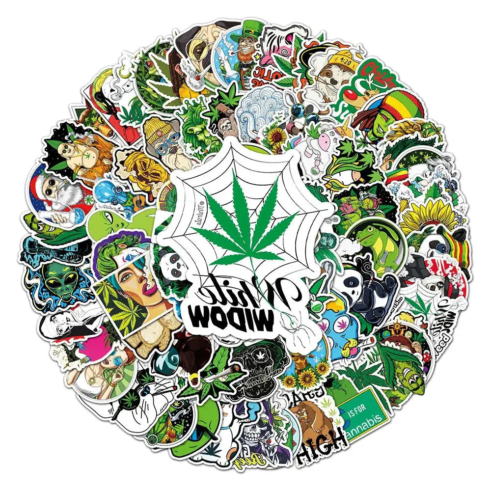 Funny smoking weed hemp leaves cartoon stickers assortment, waterproof PVC decals for bikes, laptops, and luggage.