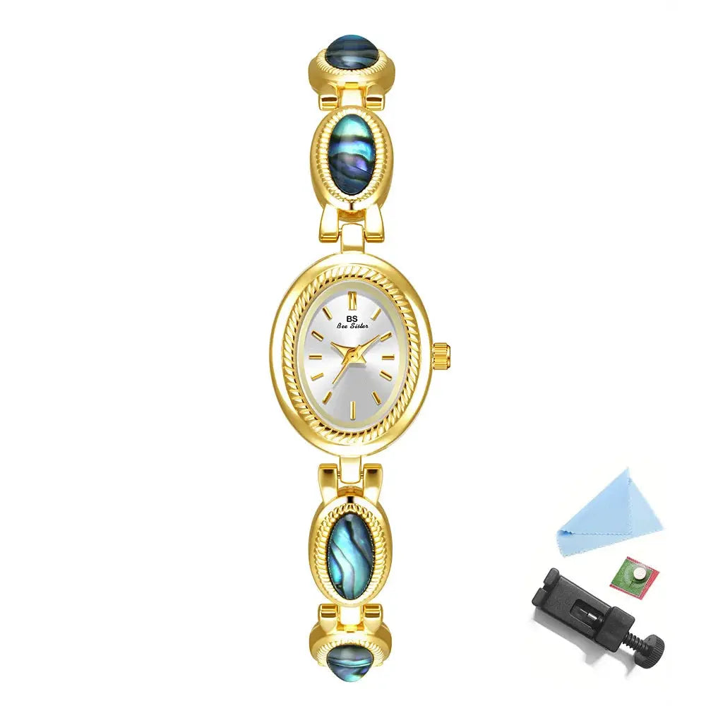 Watches For Woman Elegant Vintage Black Gold Shell Bracelet Ladies Small Dial Oval Quartz Dress Watch Good Vibrations