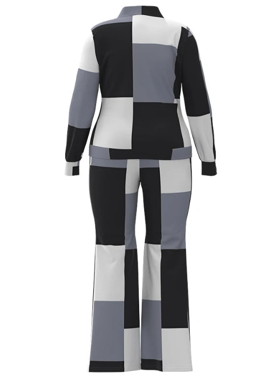Two Piece Set Women Outfit 2023 Autumn Fashion Geometric Print Stand Collar Long Sleeve Zip Up Top & Casual Sporty Pants Set Good Vibrations