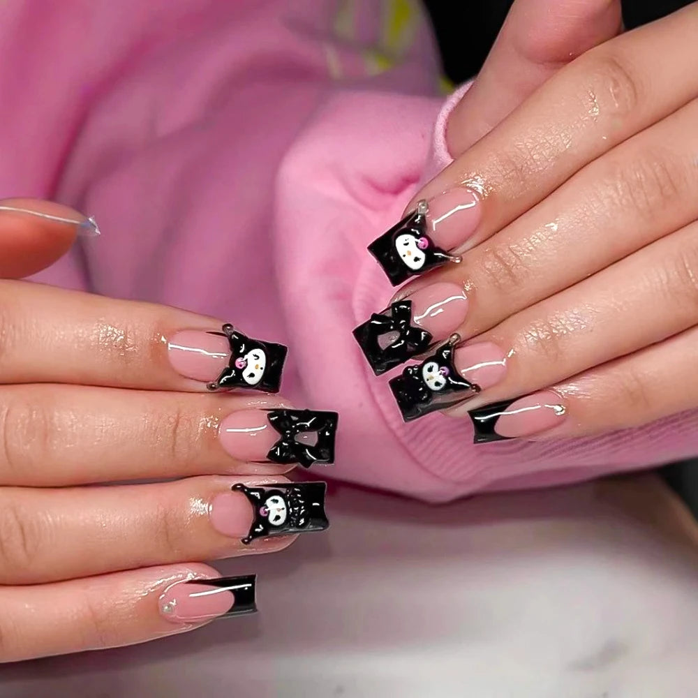 Pink French Fake Nails 3D Pink Hello Kitty, Aurora Bow, Pearl Design False Nail Medium Coffin Shaped Full Cover Press On Nails Good Vibrations