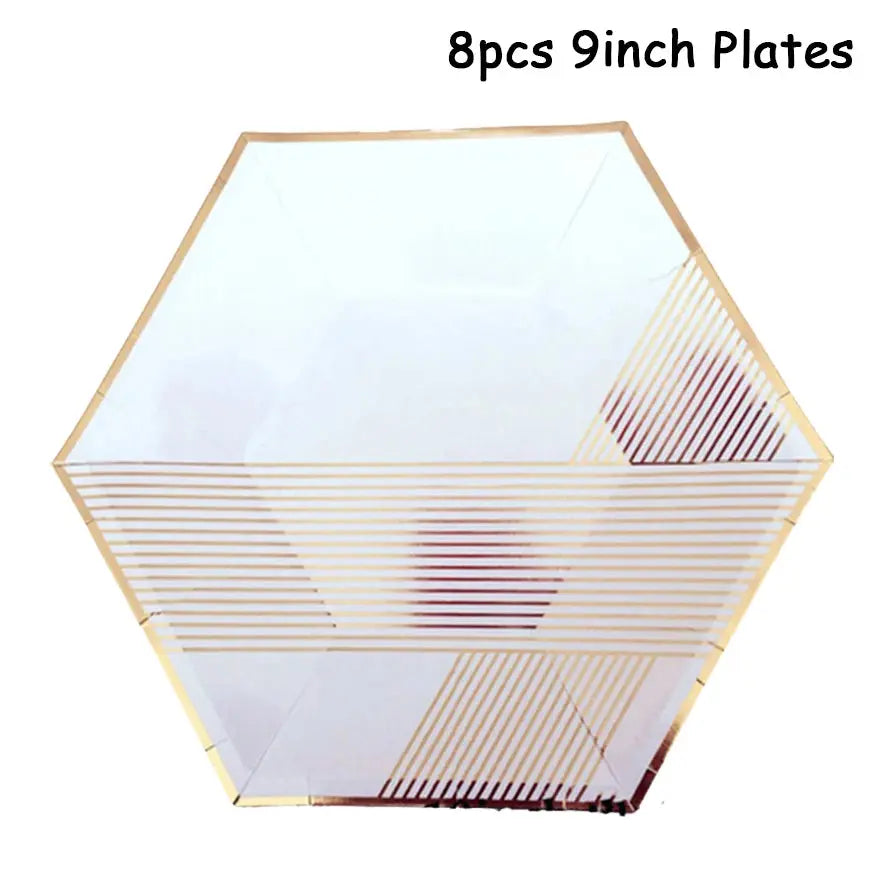 White Theme Wedding Party Gold Stripe Paper Plates Cups Napkins Children Adults Birthday Tableware Baby Shower Party Decorations Good Vibrations