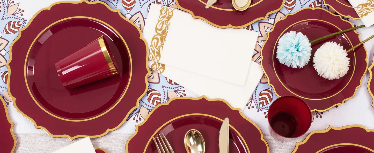 Plates Disposable, 50 Plastic Maroon Plates, Red Plastic Dinnerware Set, 25 10oz Cups, 75 Gold Cutlery, 25 Gold Napkins Good Vibrations