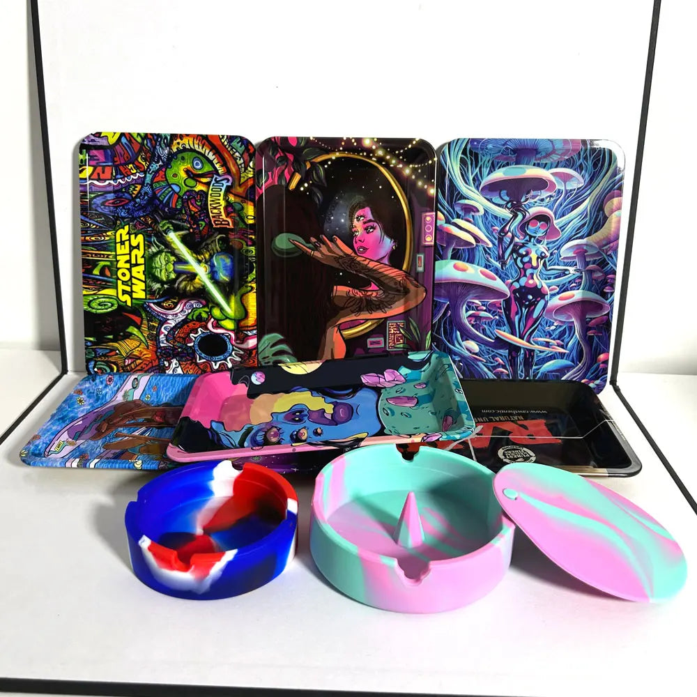 18cmx12.5cm Herb Tobacco Rolling Tray Set Silicone Ashtray Ash Tray 40mm Metal Herbal Grinder Kit Smoking Accessories Good Vibrations Adult Super Store