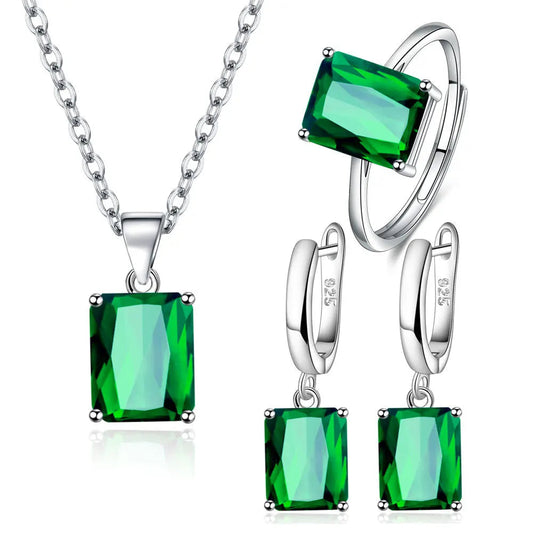 925 Sterling Silver  Elegant Jewelry Sets Ring Earrings Necklace For Women Rectangle Geometry Zircon Wedding Accessories Good Vibrations Adult Super Store