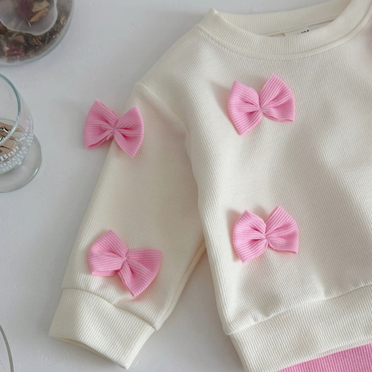 2025 Spring Autumn New Kids Cute Bowknot Long Sleeved Outfit Set Baby Boy Girl Cartoon Casual Tracksuit Pink Flared Pants Suit Good Vibrations