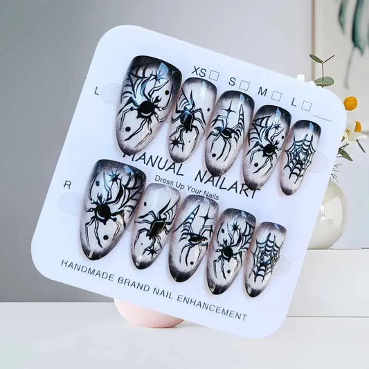 10Pcs Halloween Short Almond Shape Atmosphere Clown Black and White Ghost Spider Press on Nails Nail Patch False Nails Nails Art Good Vibrations