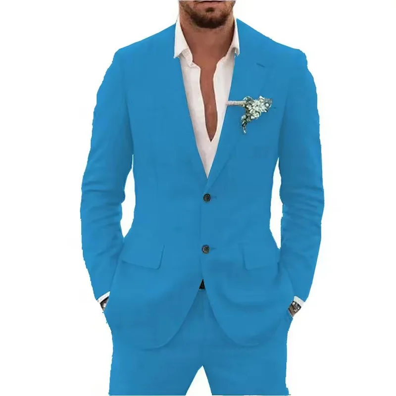 Summer Casual Linen Suit for Men 2 Pieces Blazer Pant Set Notched Lapel Formal Slim Fit Wedding Suit Prom Suits Groom Tuxedo Good Vibrations