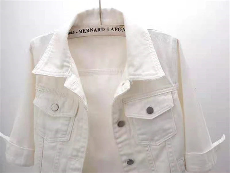 2024 New Women Spring Autumn Denim Jacket Tops Pink Color Solid Short Multicolor Feminino Three Quarter Sleeve Jean Jacket Good Vibrations