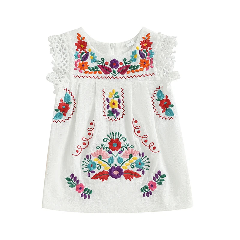 Toddler Girls Summer Dress Casual Floral Embroidery Square Neck Sleeveless Dress Baby Girls Princess Beach Party Dress Clothes Good Vibrations