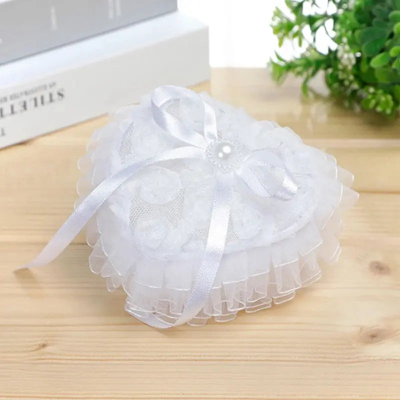 Ring Box Heart Wedding Lace Holder Pillow Ceremony Pillows Jewelry Bearer White Shape Boxes Pearl Rhinestone Case Love Proposal Good Vibrations